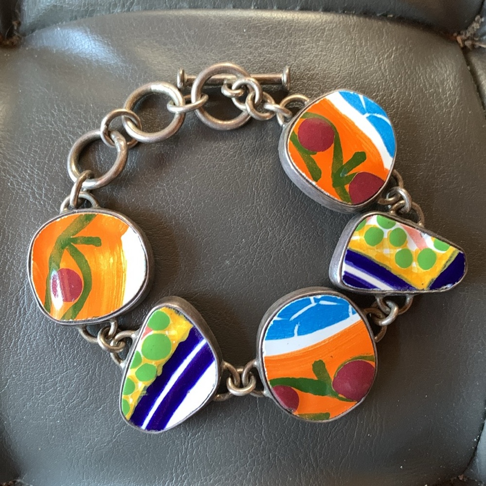 Vintage Silver Ceramic Tile Pieces Heavy Link Bracelet